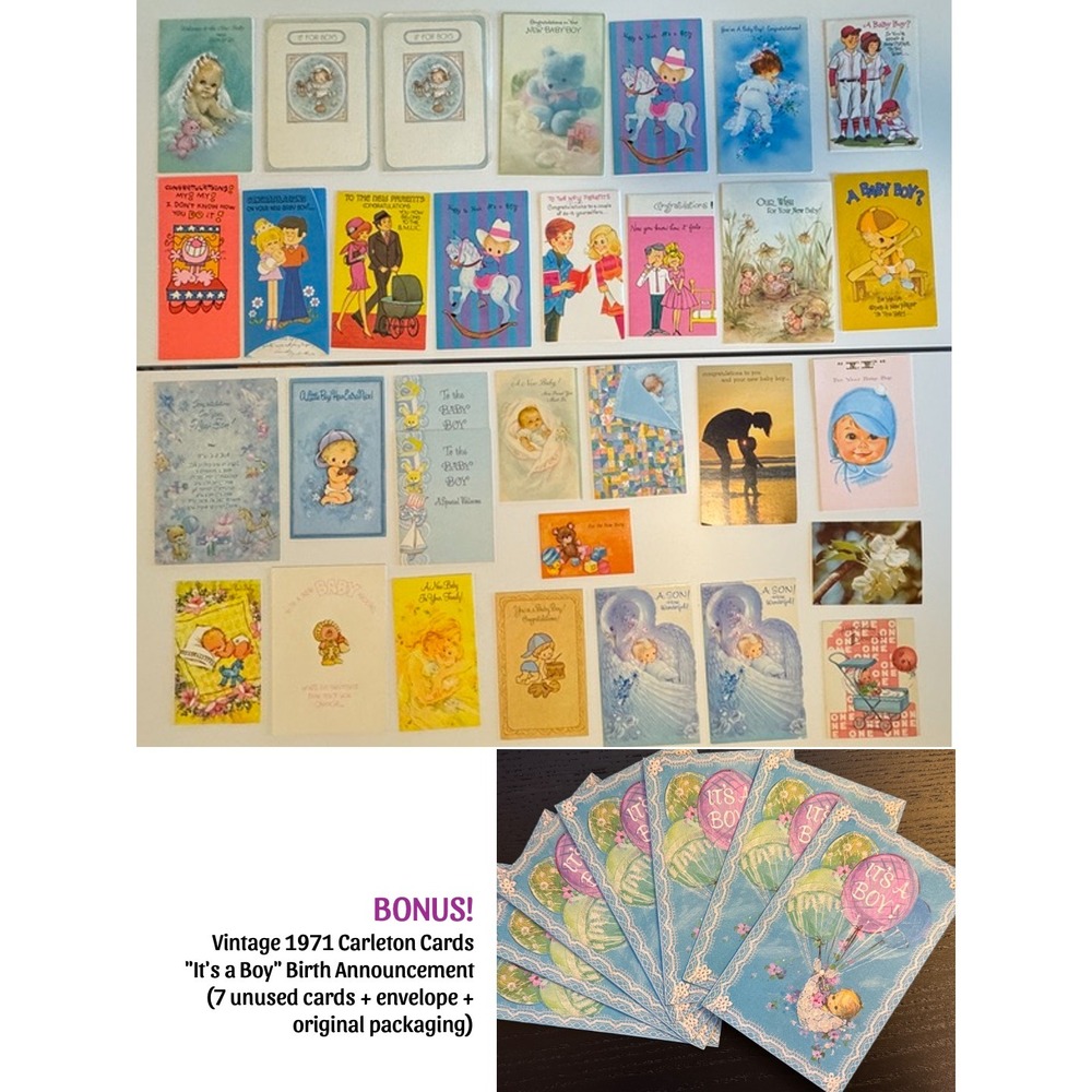 Vintage BABY BOY Greeting Cards (32 Used+ 7 new) 1970s Ephemera Scrapbook Lot